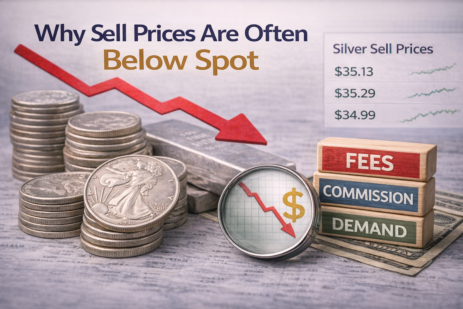 Silver bullion and financial chart illustrating dealer premiums and the spread between buy and sell prices.