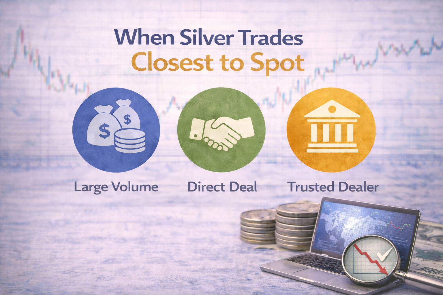 Icons representing large transactions, direct deals, and trusted dealers showing when silver trades closest to spot price.