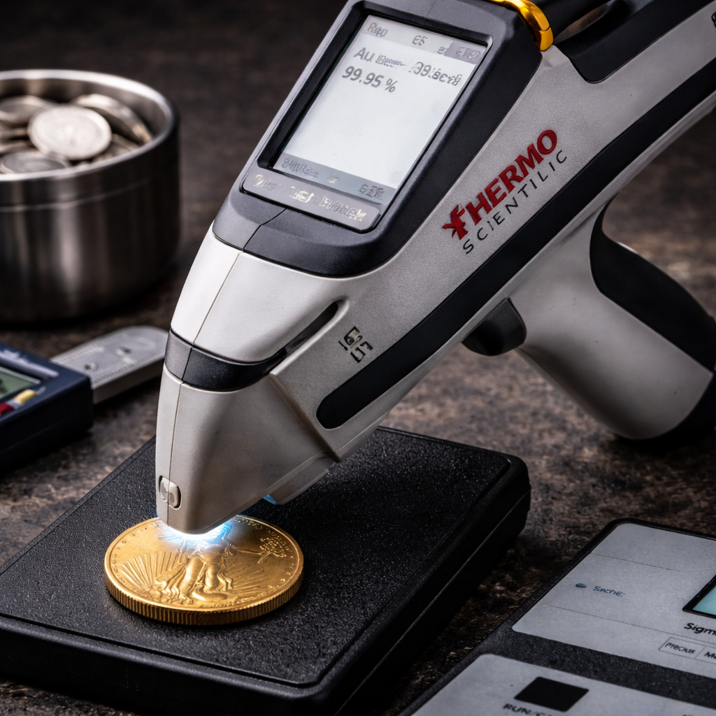 Handheld XRF analyzer scanning a gold coin to confirm metal composition and detect counterfeit