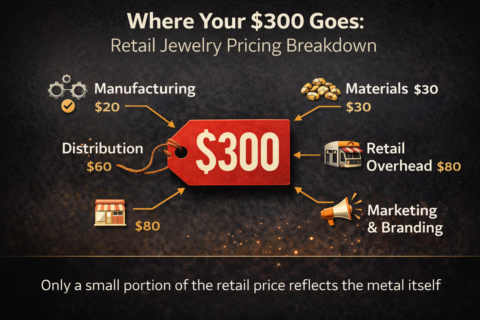 breakdown of jewelry retail price showing markup, branding, overhead, and actual metal cost in a $300 watch