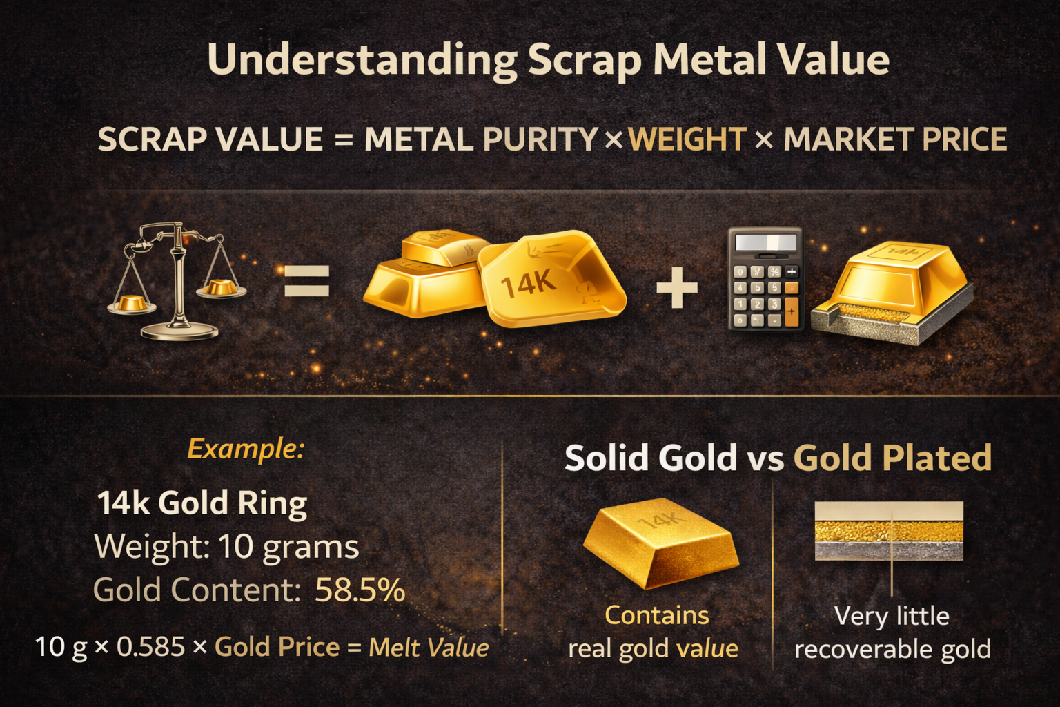 scrap metal value formula showing how purity, weight, and market price determine gold and metal value