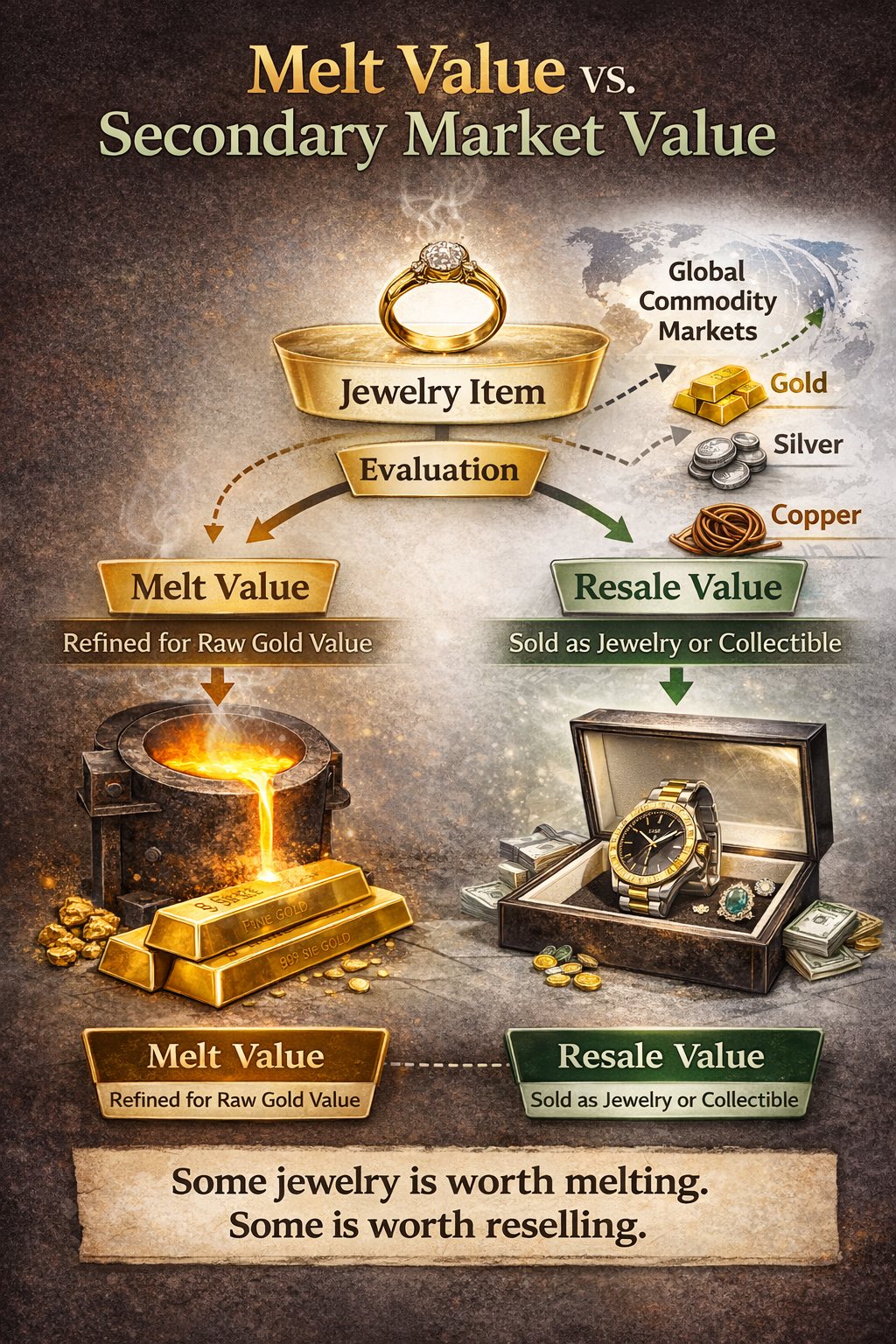 melt value vs resale value diagram showing jewelry being refined into metal or sold in the secondary market