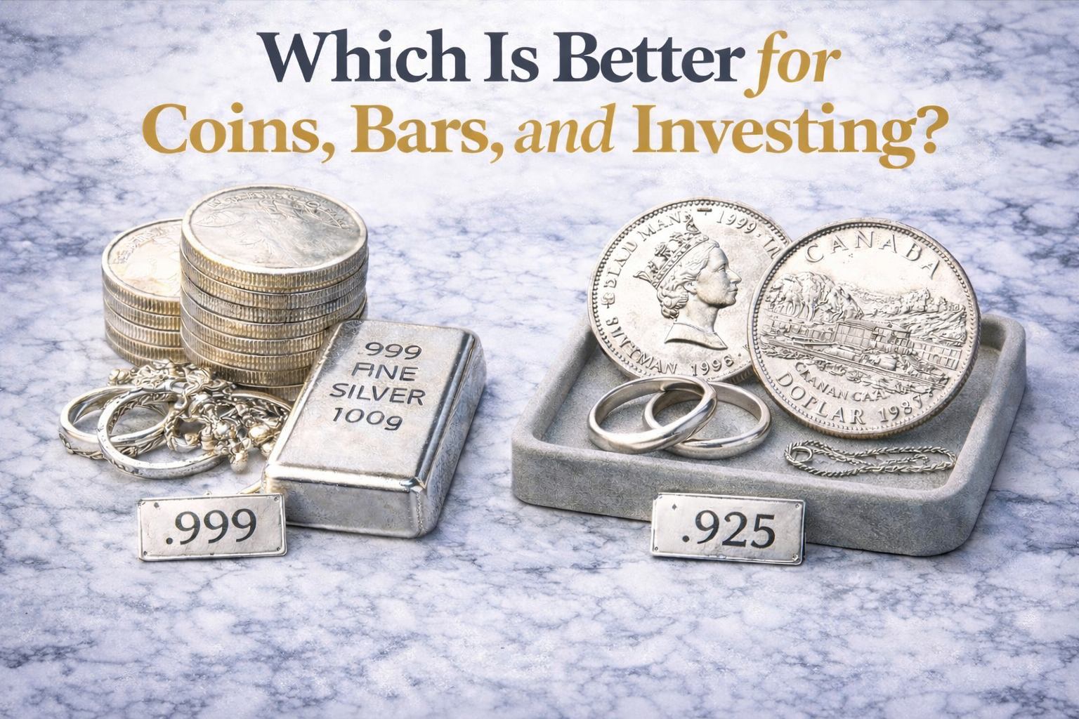 Side-by-side display of .999 fine silver coins and bars next to sterling silver commemorative coins on a marble background.