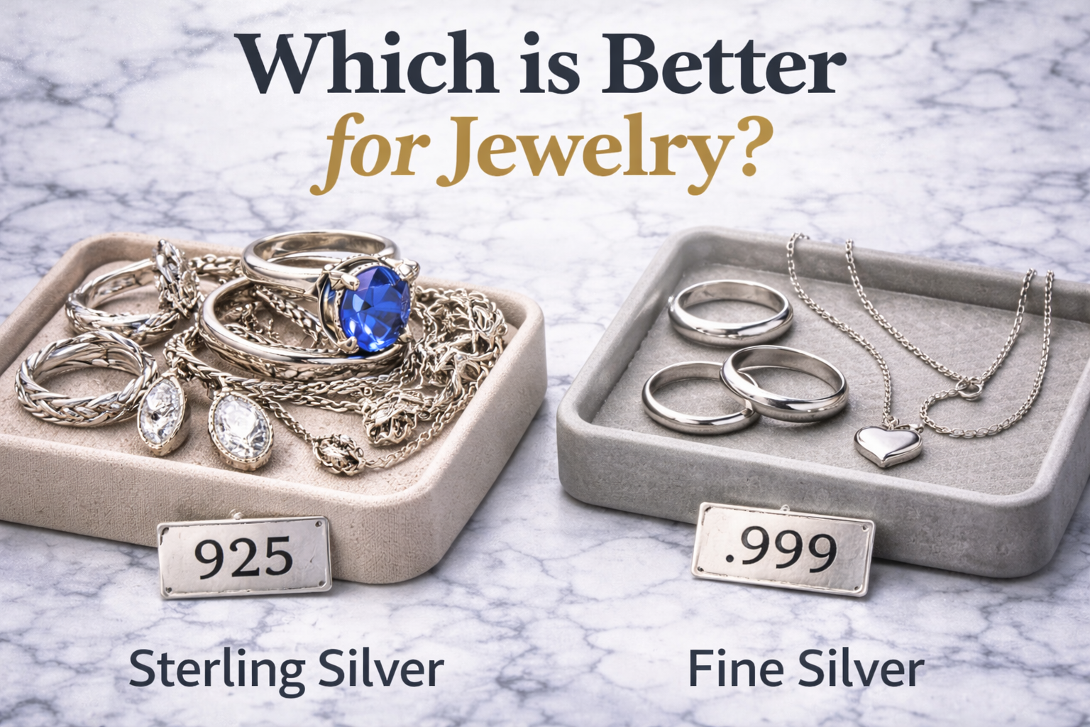 Side-by-side comparison of sterling silver jewelry with detailed designs and fine silver jewelry with simpler bands and chains on a marble background.